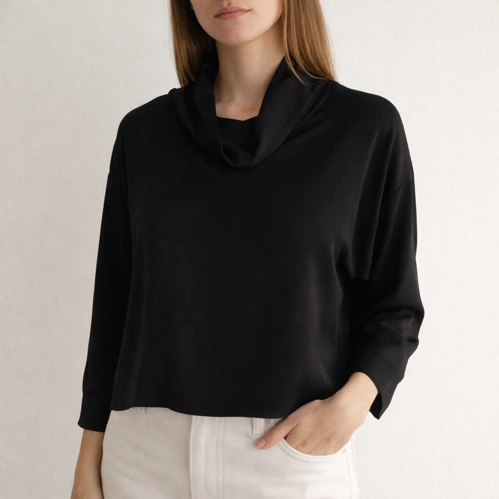 AYR Cowl Neck Silk Blouse Women XS Black Minimalist Relaxed Fit Long Sleeve Top